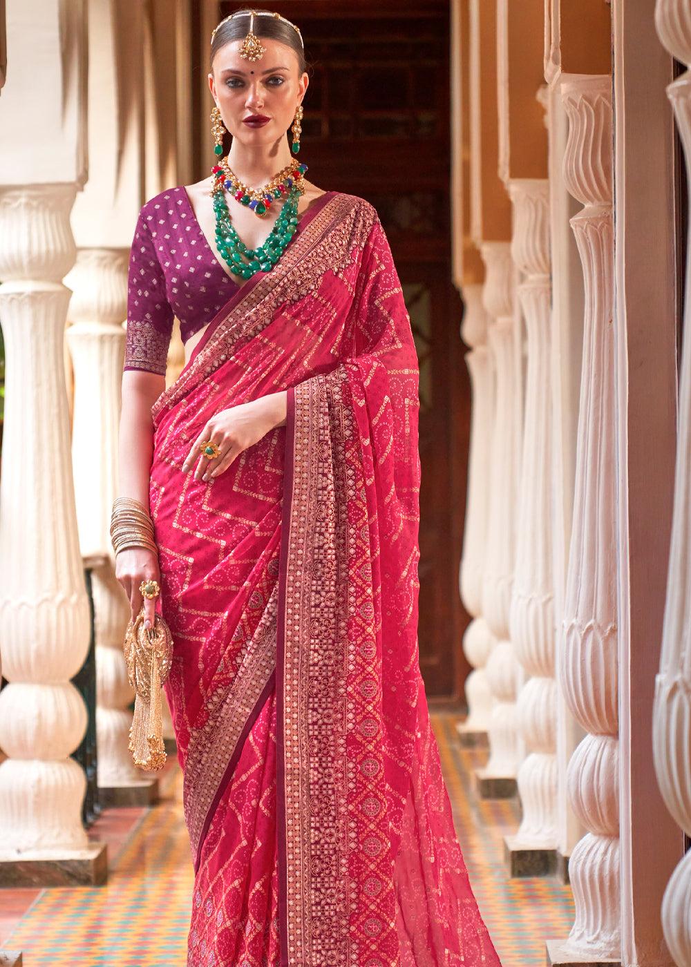 Brick Pink Lehariya Georgette Silk Saree