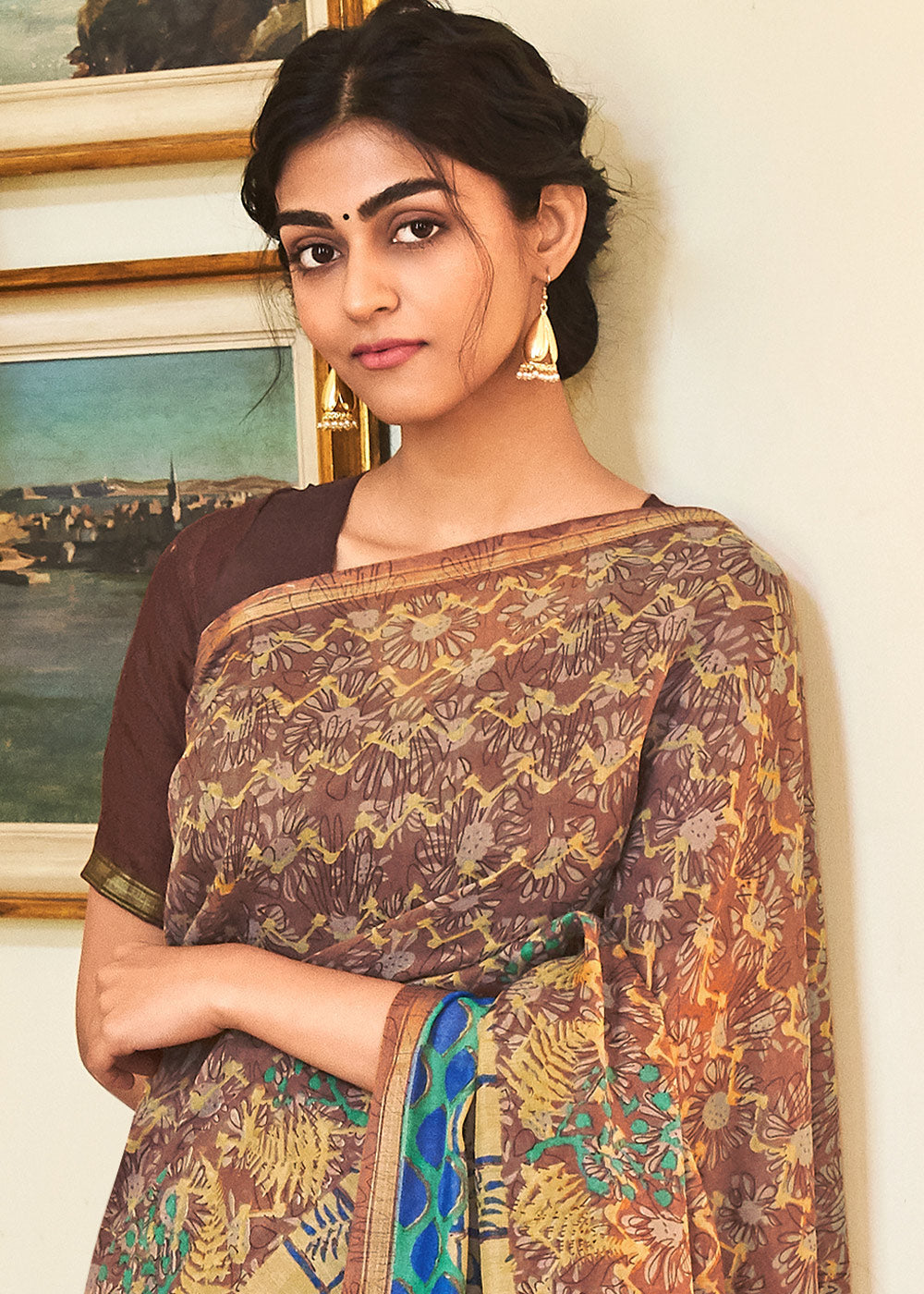 Congo Brown and Blue Cotton Linen Batik Printed Saree