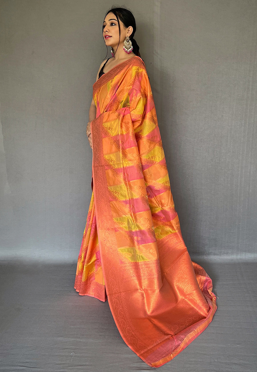 Carrot Orange Copper Zari Woven Organza Saree