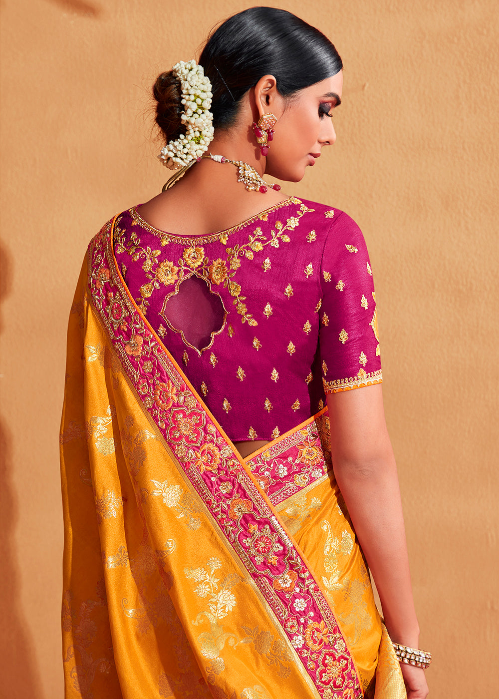 Jazzberry Pink and Yellow Embroidered Banarasi Silk Saree