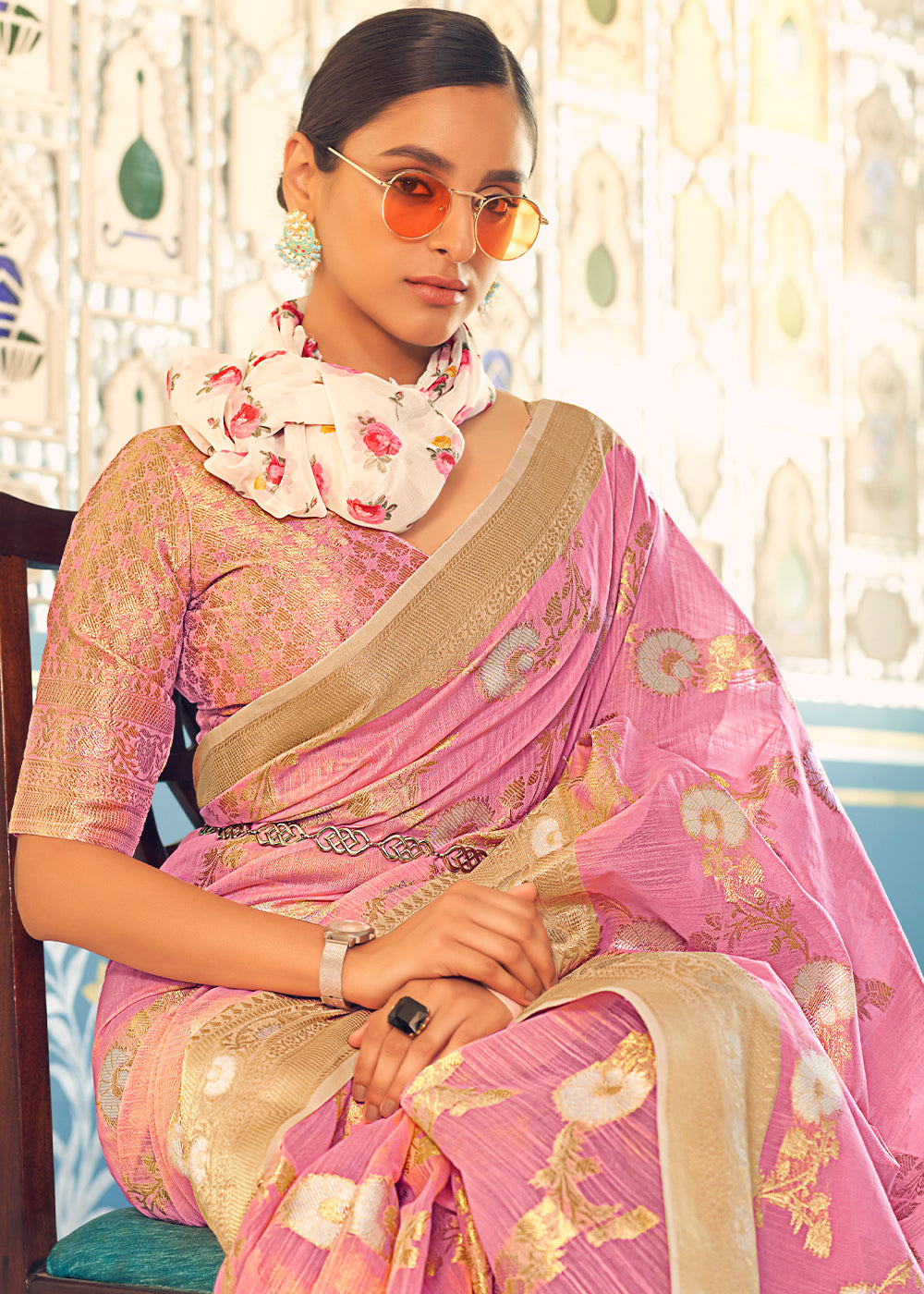 Mauvelous Pink Zari Woven Linen Silk Saree