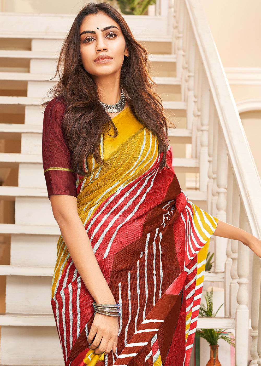 Merlot Red Yellow and Brown Cotton Saree With Leheriya Print