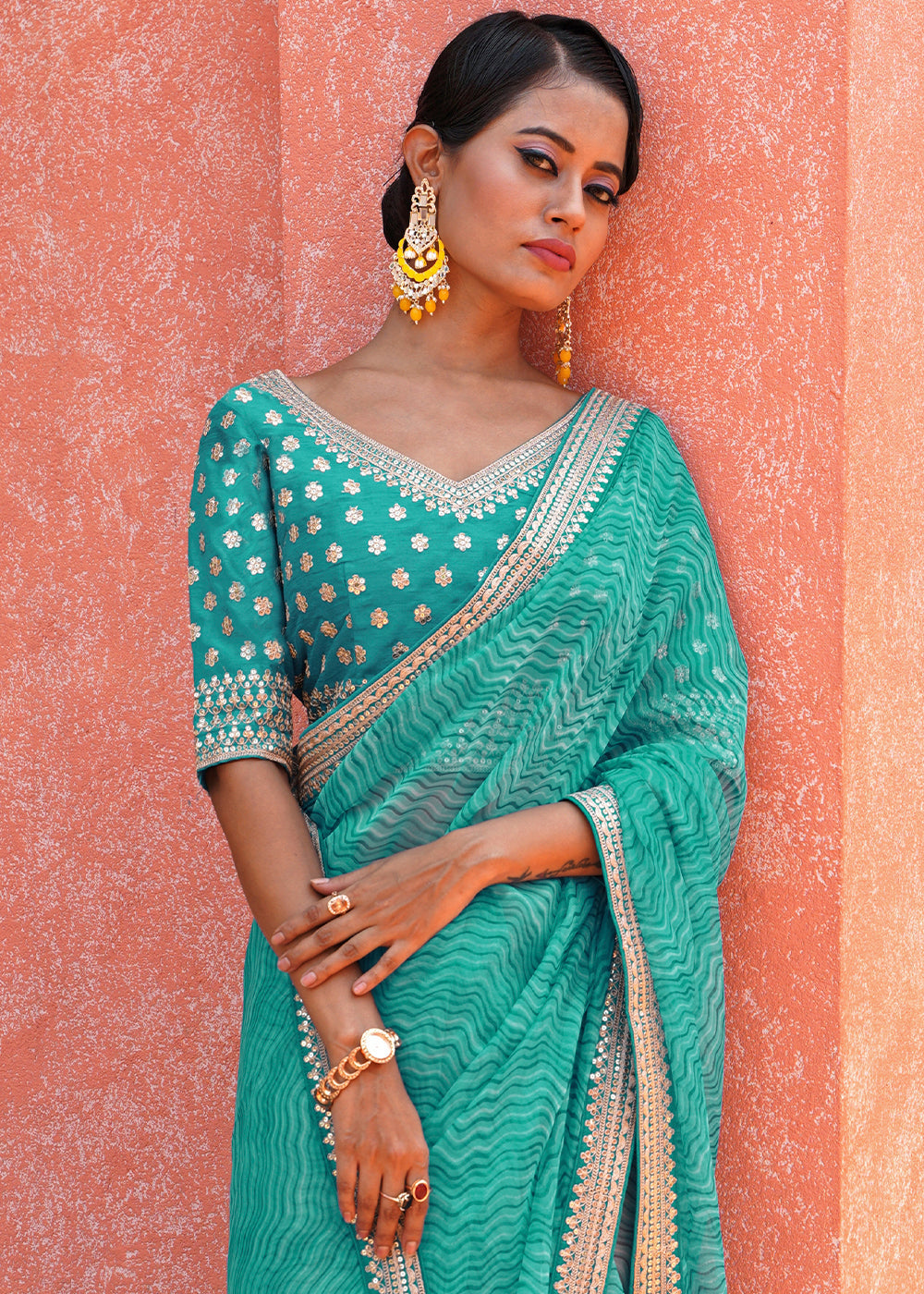 Ocean Green Pearl Lehriya Organza Saree With Embroidered Blouse