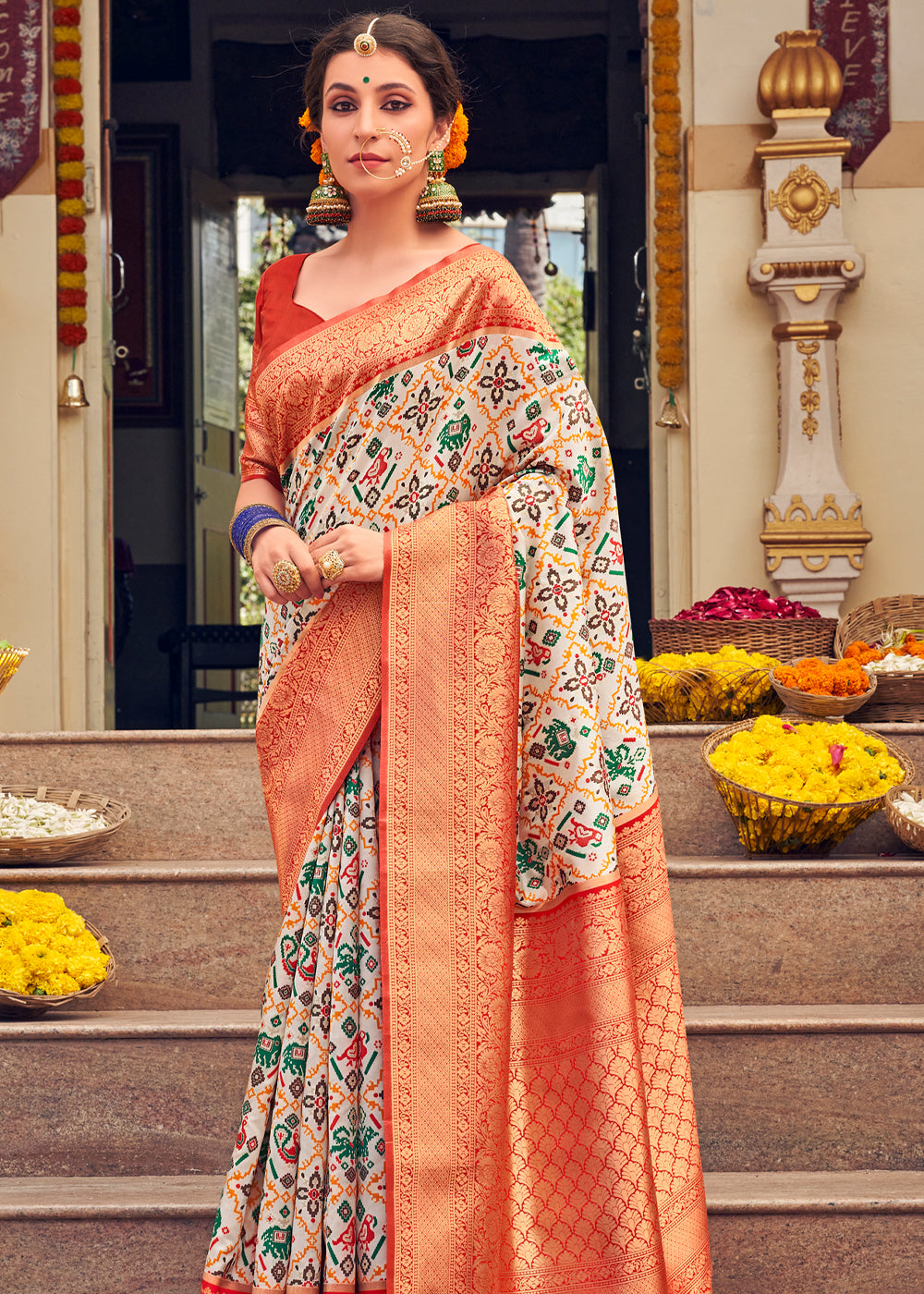 Lemon Chiffon Cream Woven Banarasi Patola Silk Saree