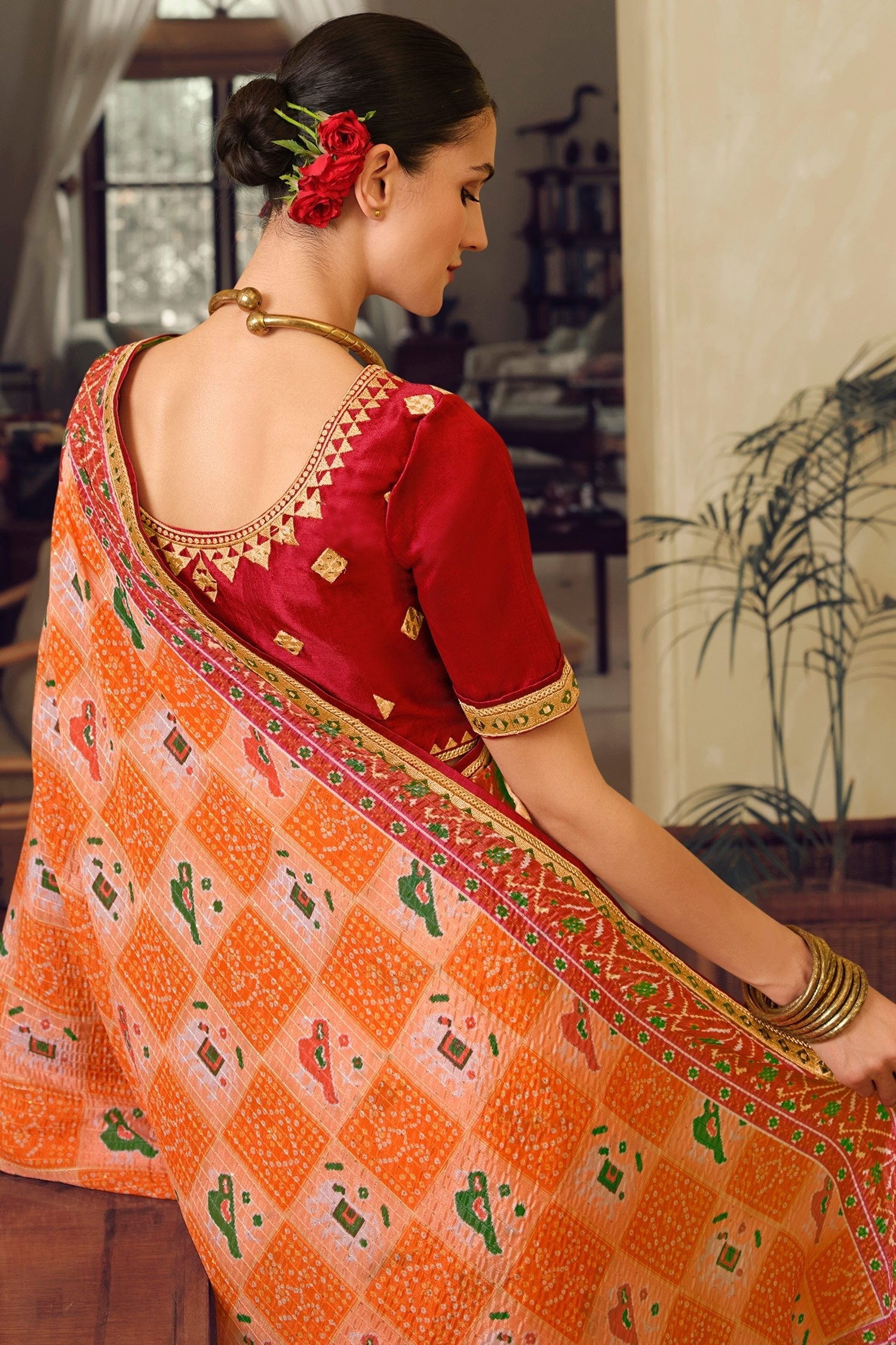 Tangerine Orange Patola Printed Saree