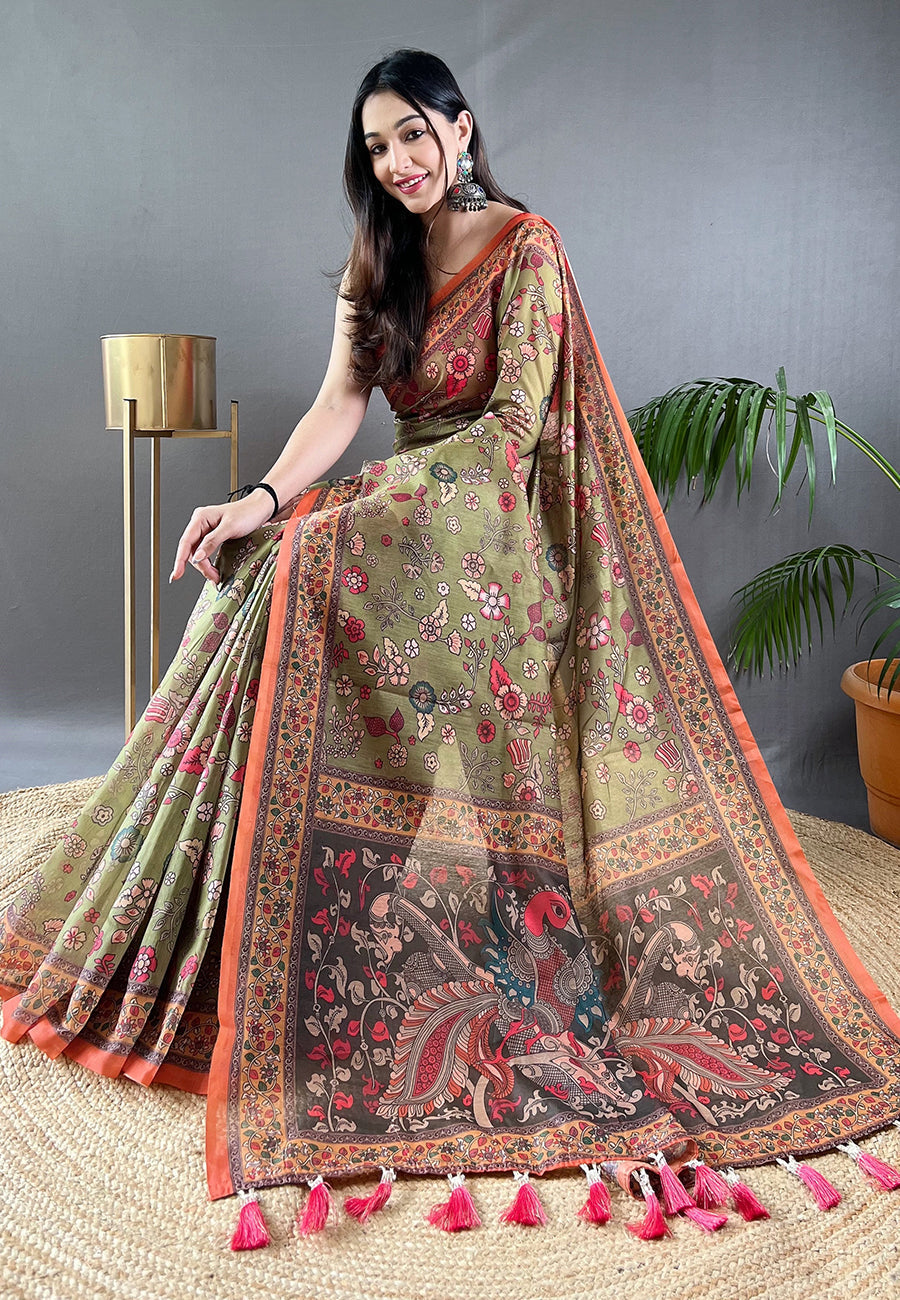 Clay Creek Green Cotton Kalamkari Printed Saree