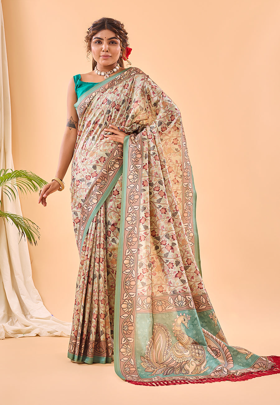 Summer Blue Floral Kalamkari Printed Saree