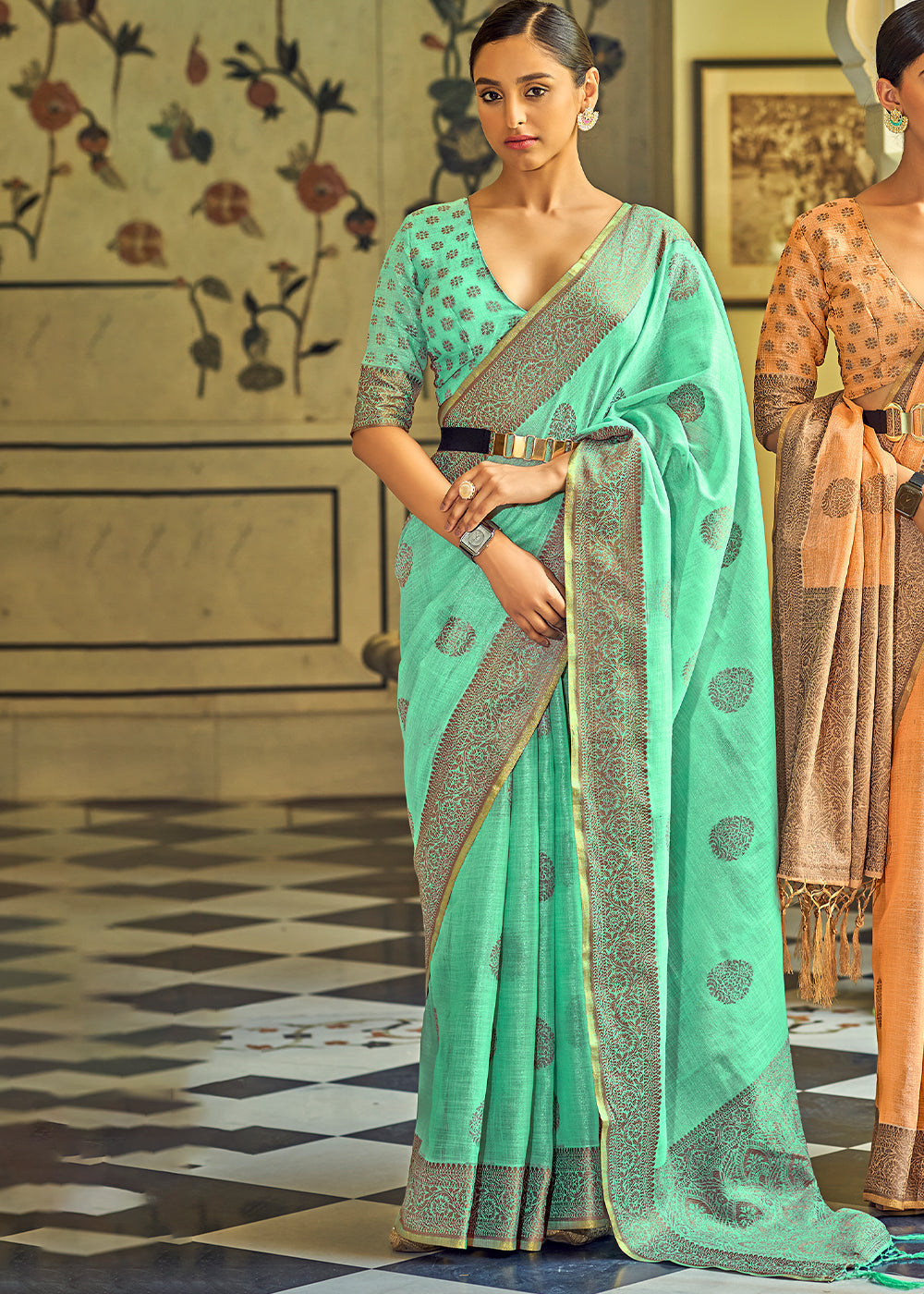 Caribbean Green Linen Silk Saree