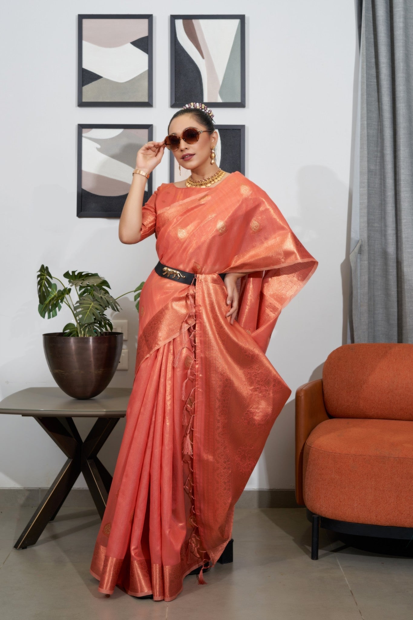 Japonica Peach Woven Organza Tissue Silk Saree