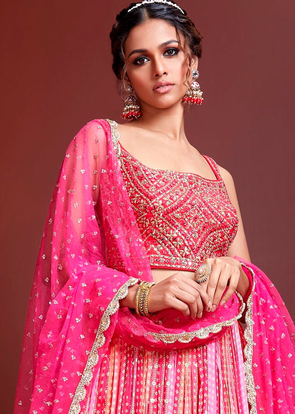 Wild Watermelon Pink Bandhani Printed Chinon Silk Lehenga Choli