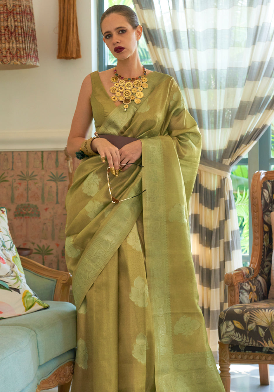 Barley Corn Green Woven Banarasi Satin Tissue Silk Saree