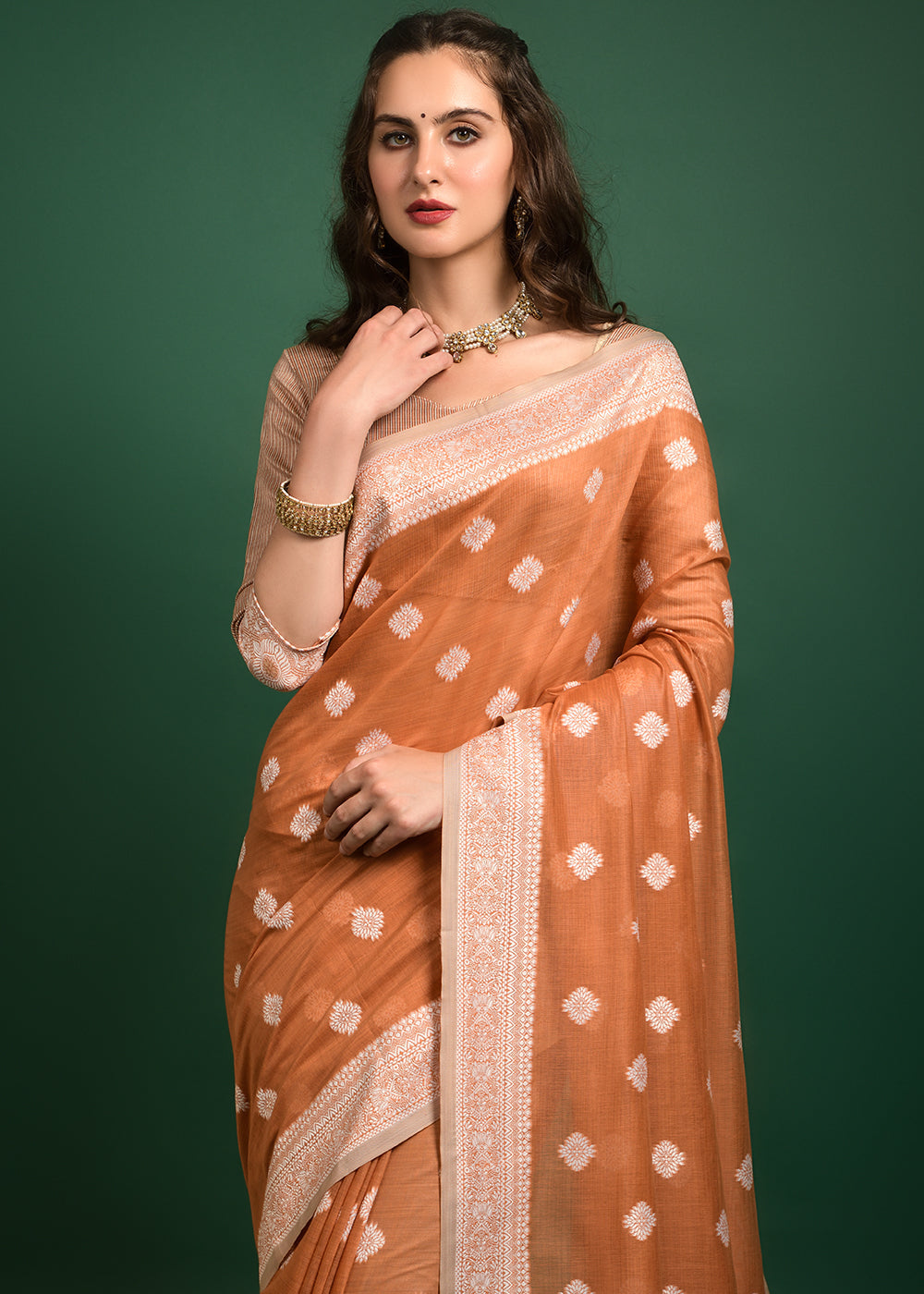 Macaroni Orange Chikankari Chanderi Cotton Woven Saree