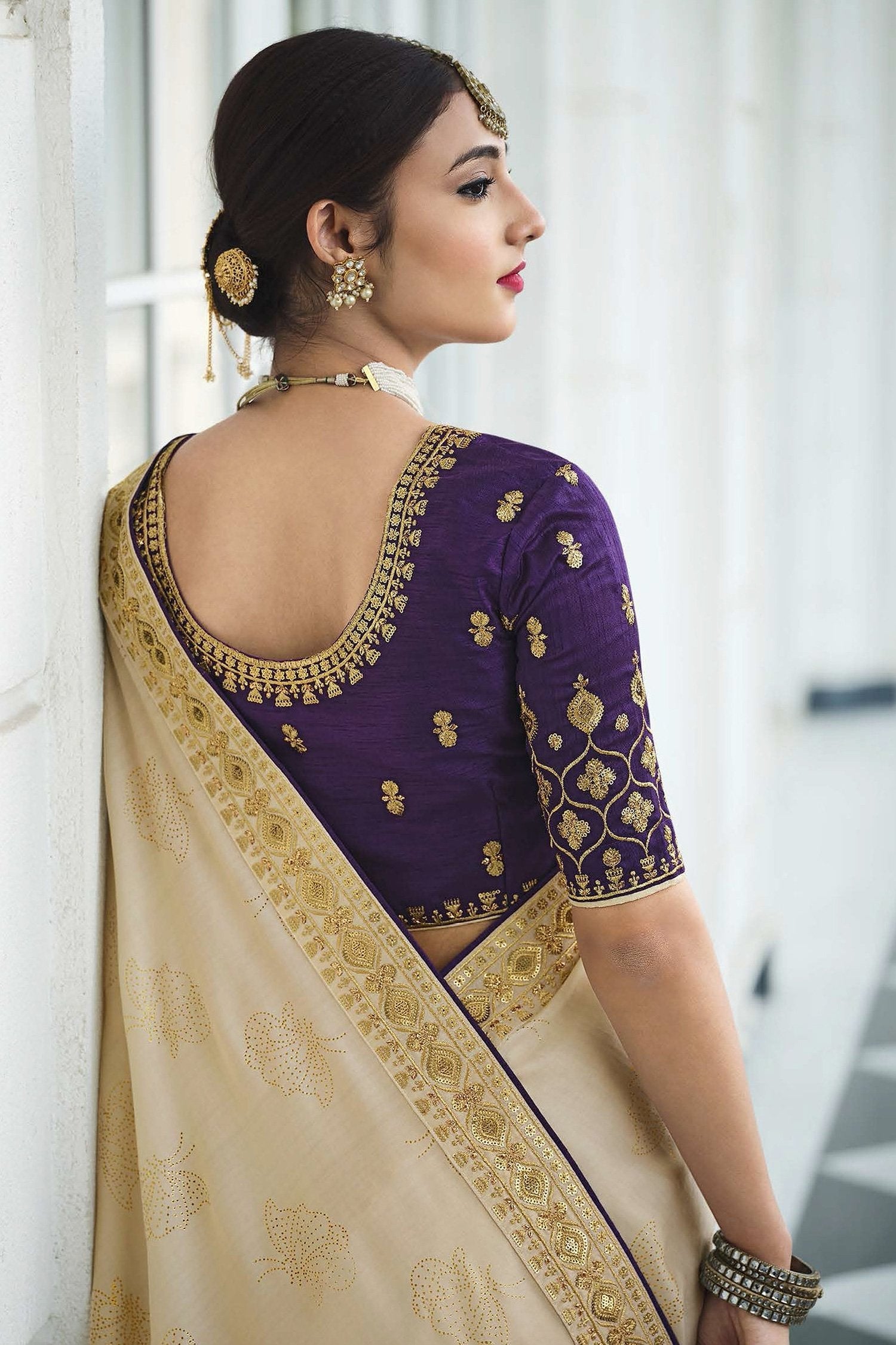 Hampton Cream and Purple Chiffon Stone Work Saree