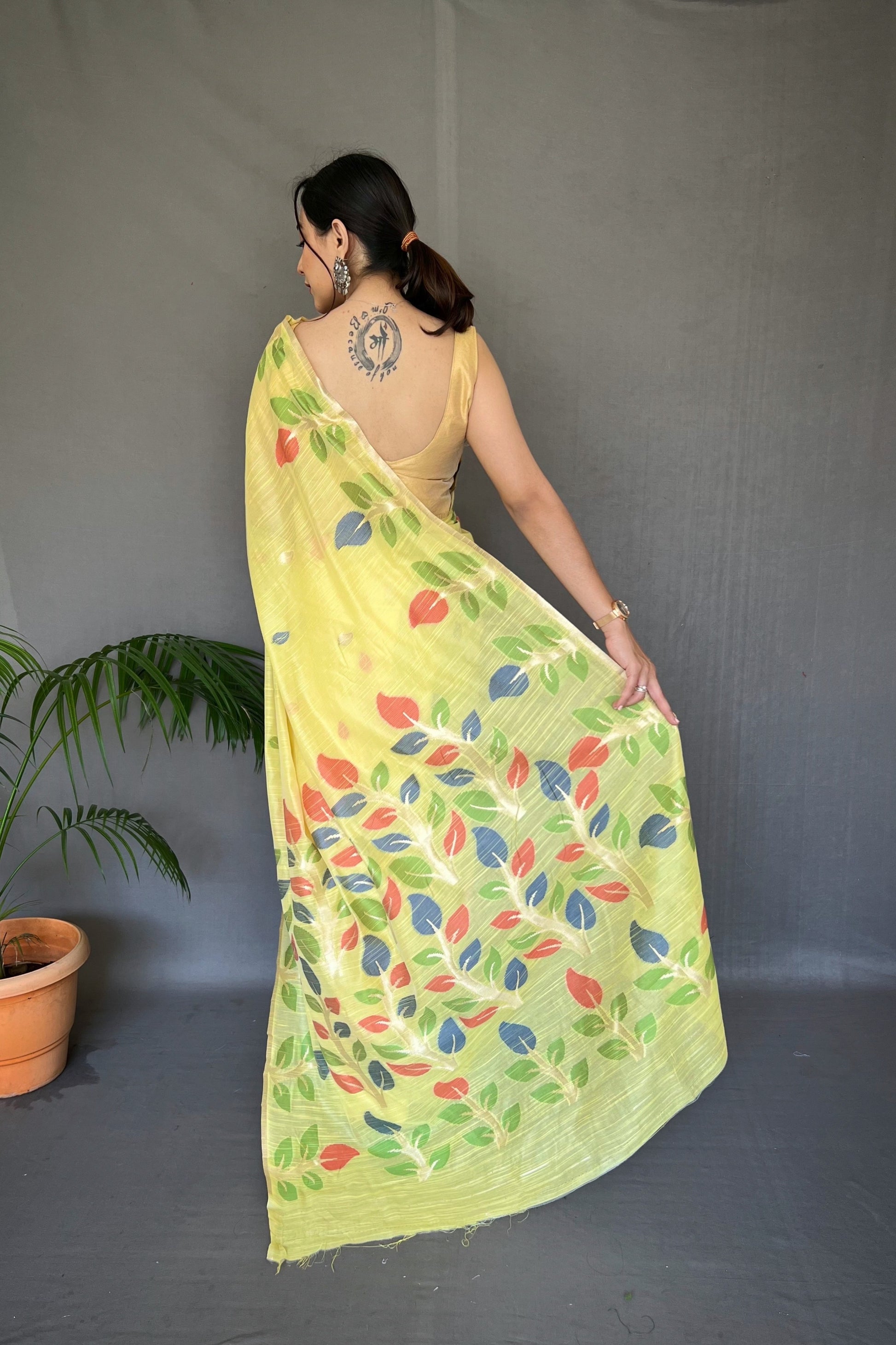 Sweet Corn Yellow Woven Cotton Jamdani Silk Saree