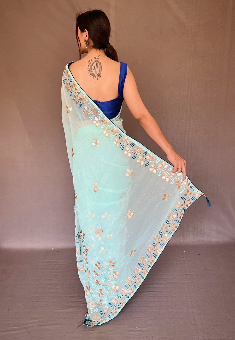 Pale Leaf Blue Embroidered Organza Silk Saree