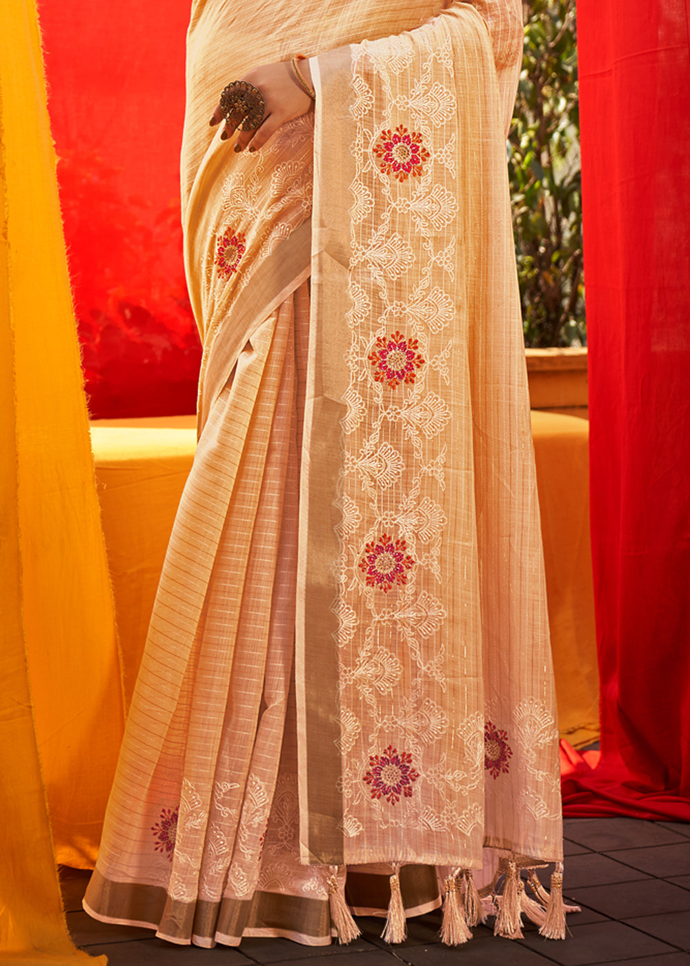 Peach Orange Woven Linen Silk Saree