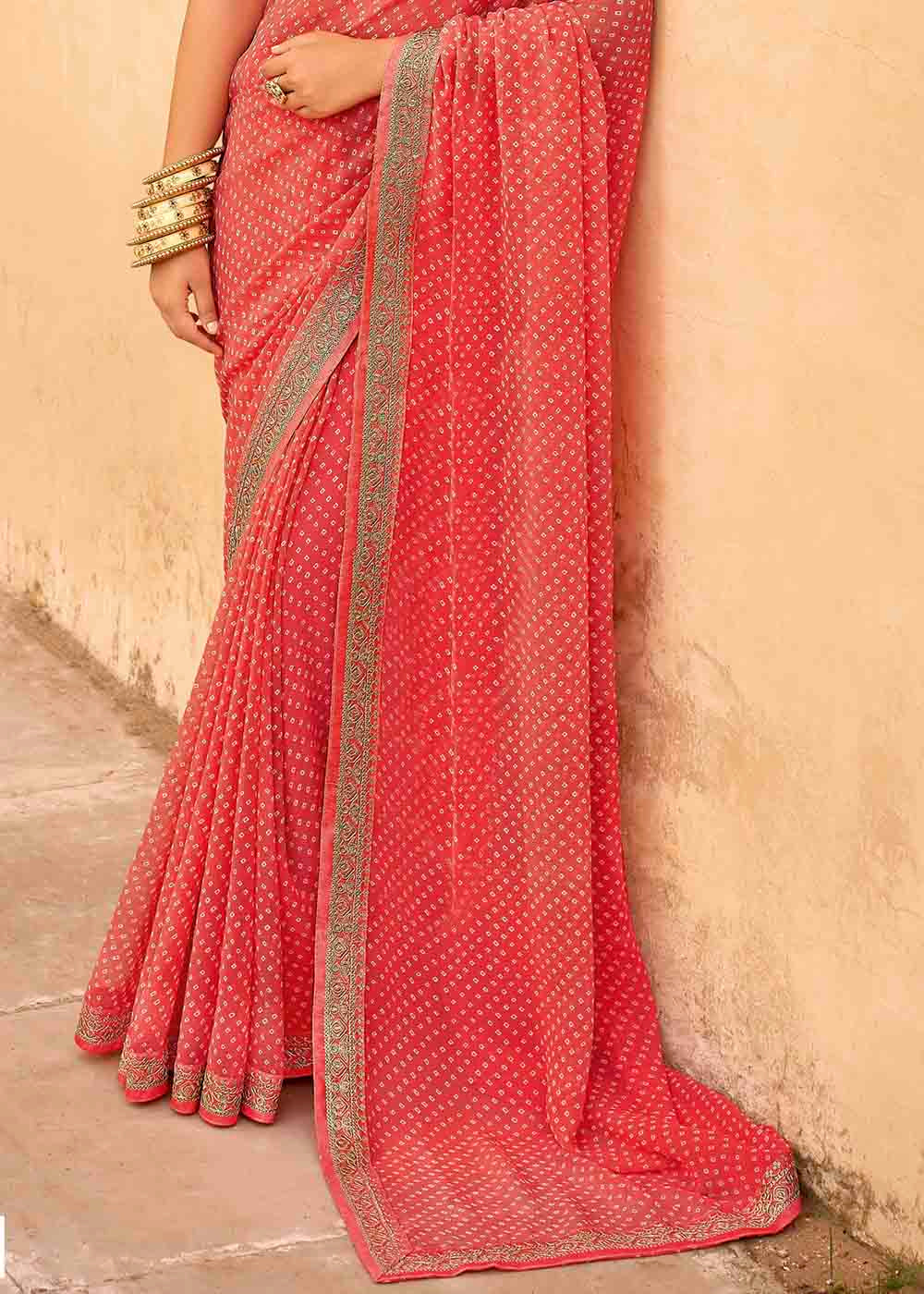 Burnt Pink Georgette Leheriya Printed Saree with Embroidered Blouse