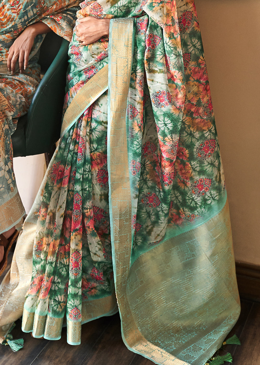 Pine Green Digital Print Linen Saree