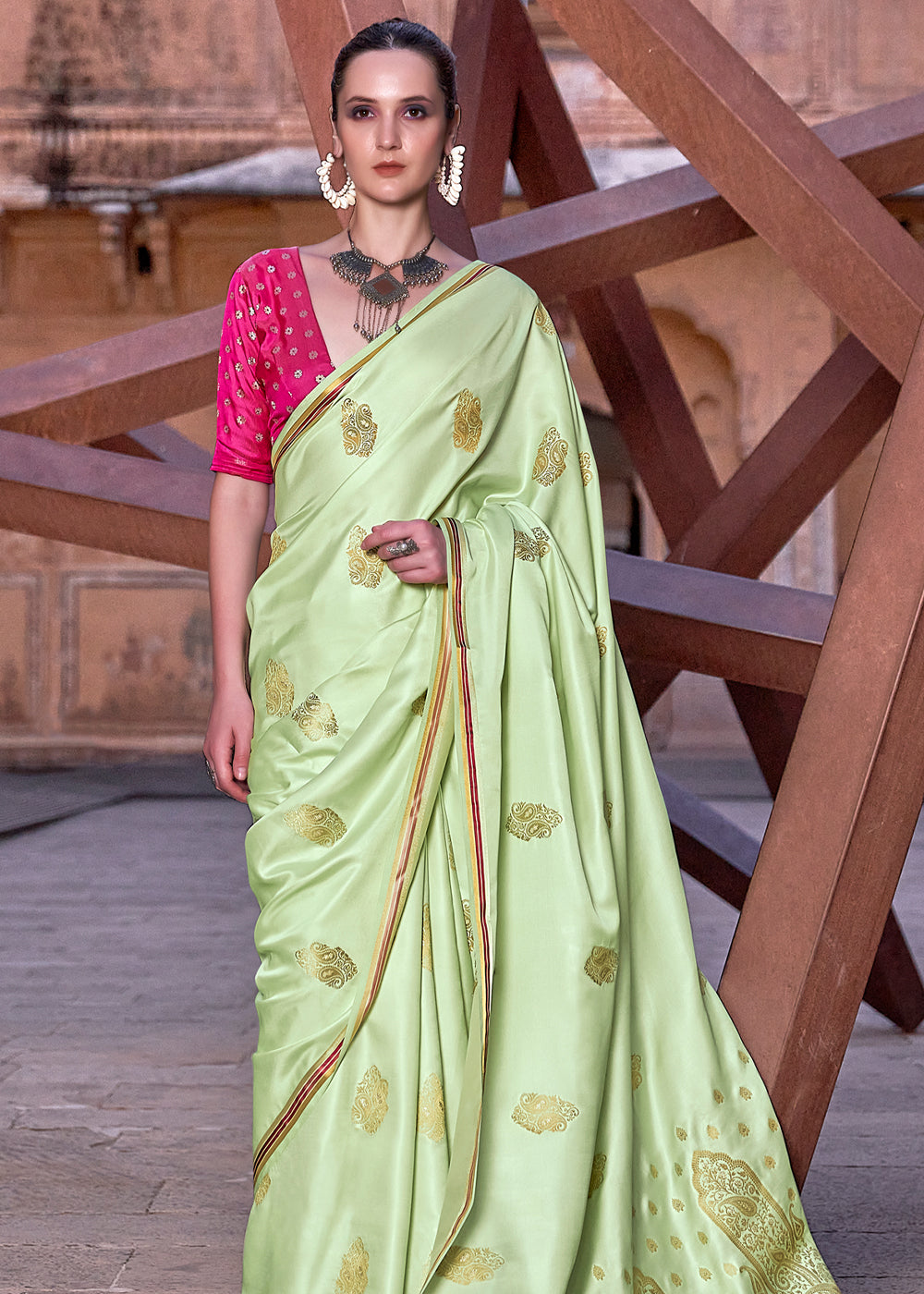 Sprout Green Woven Satin Silk Saree