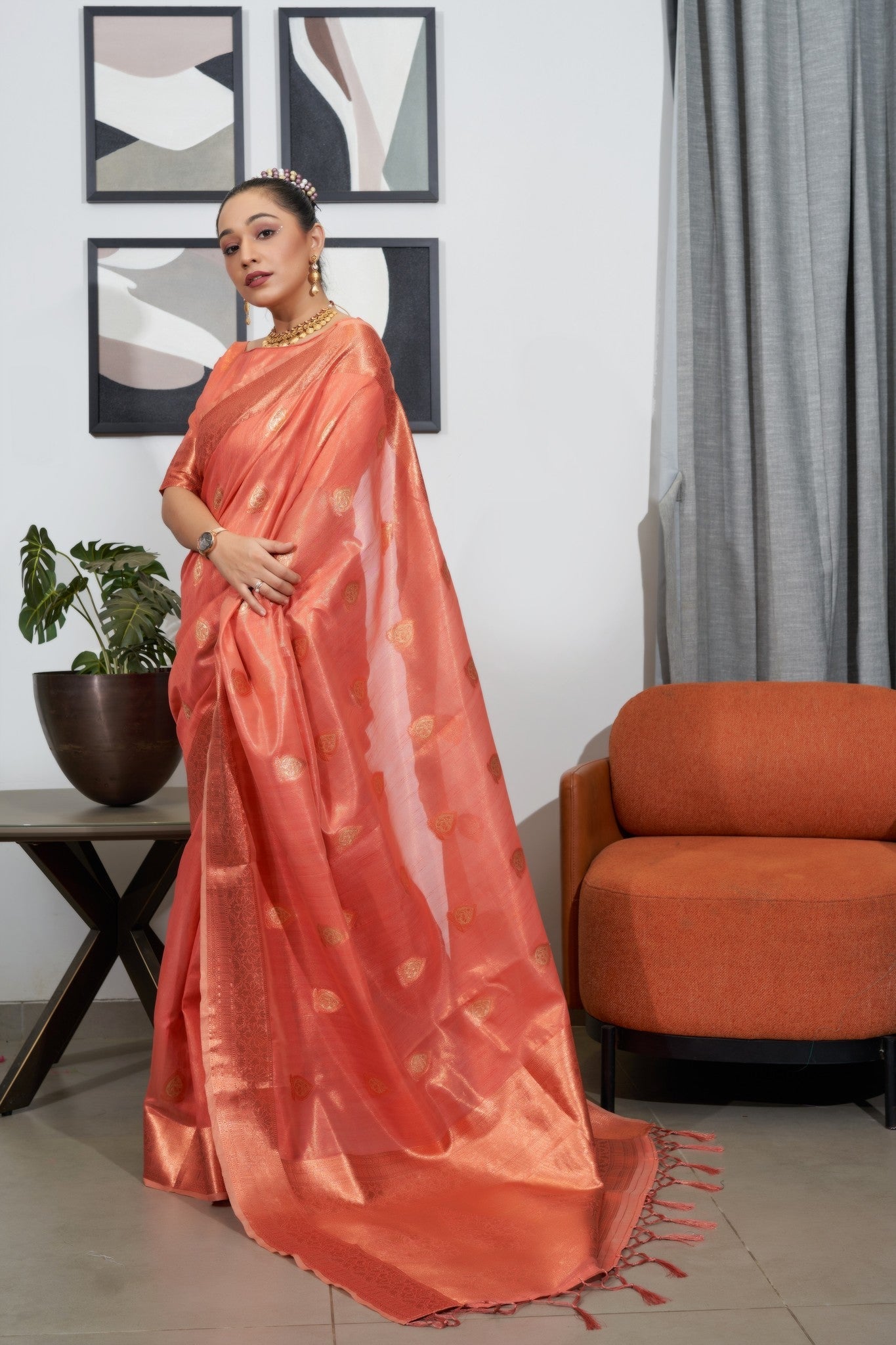 Japonica Peach Woven Organza Tissue Silk Saree