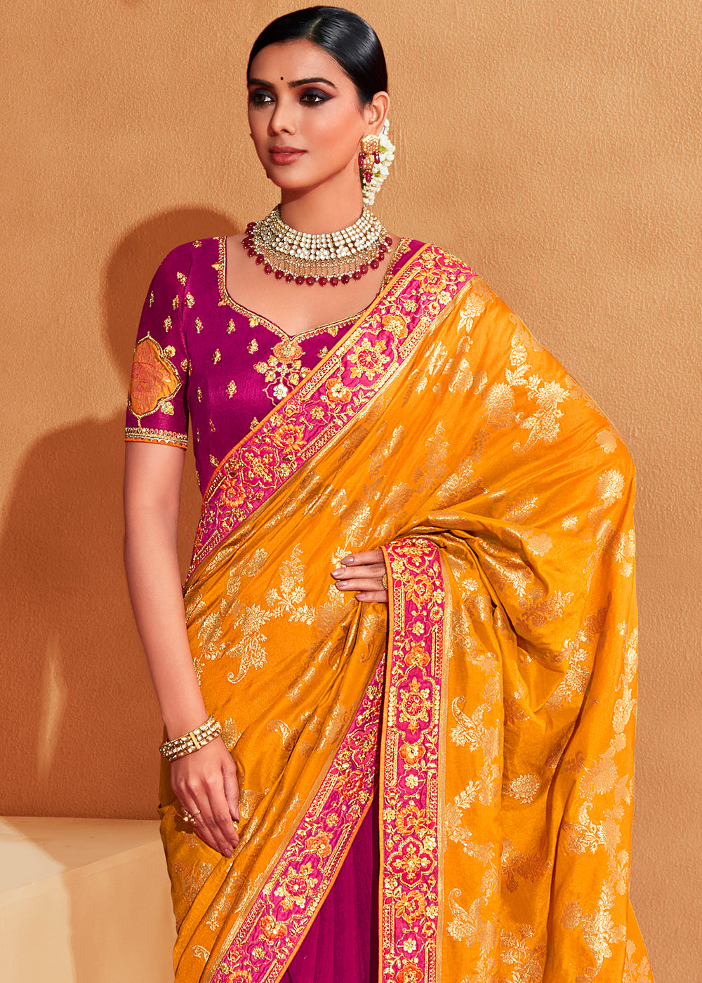 Jazzberry Pink and Yellow Embroidered Banarasi Silk Saree