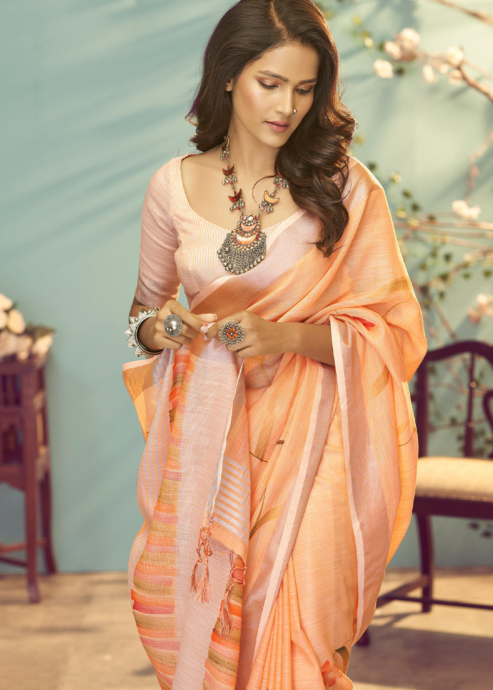 Flesh Orange Soft Linen Silk Floral Printed Saree