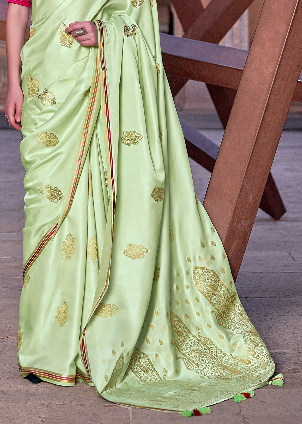 Sprout Green Woven Satin Silk Saree