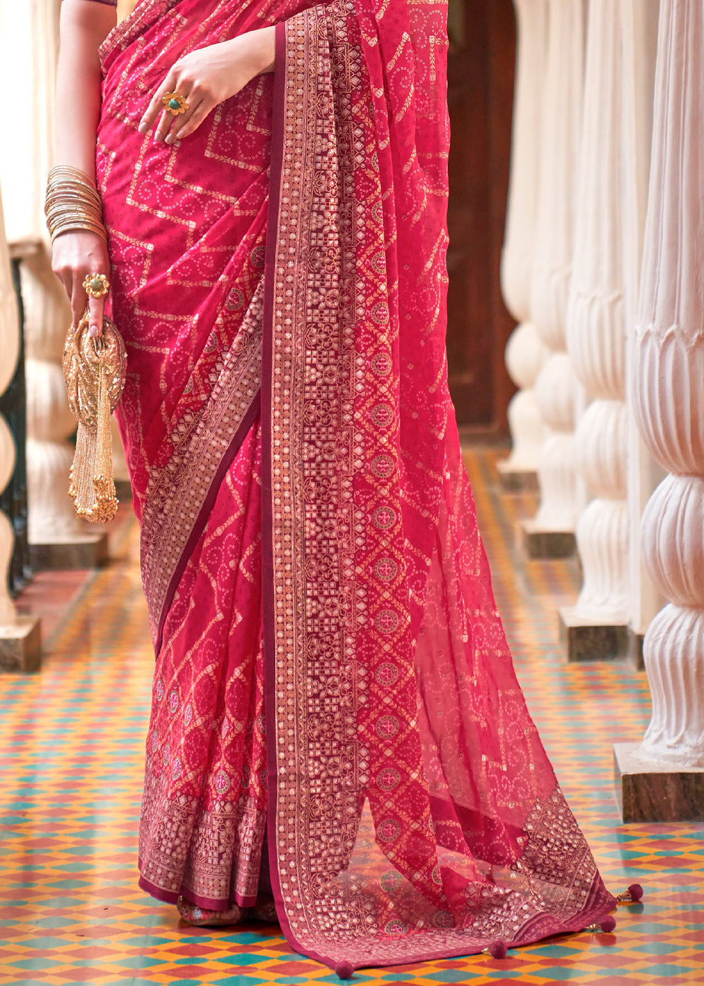 Brick Pink Lehariya Georgette Silk Saree