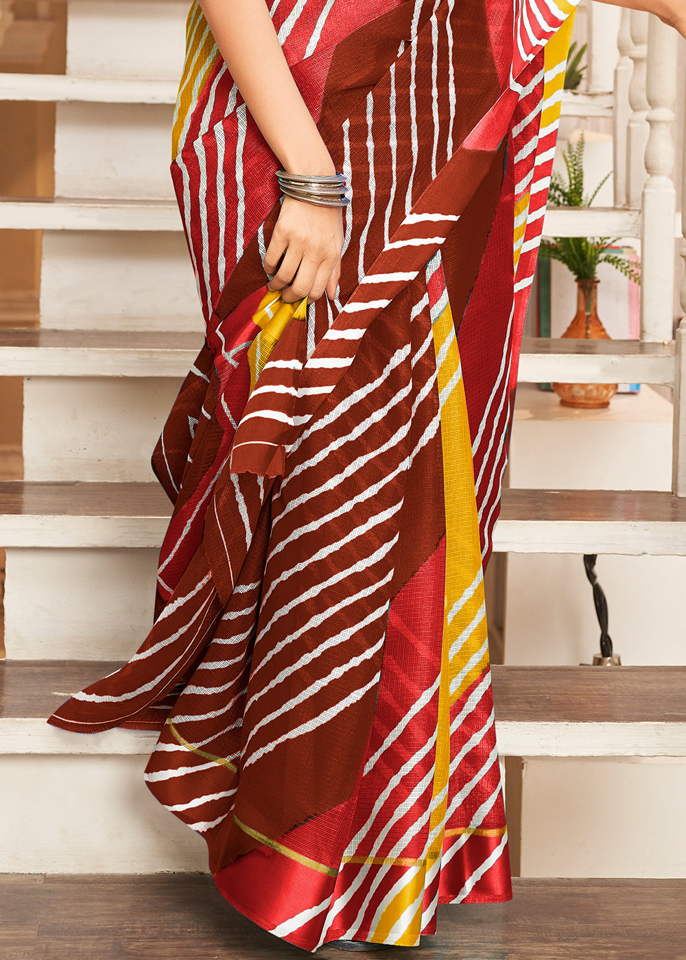 Merlot Red Yellow and Brown Cotton Saree With Leheriya Print