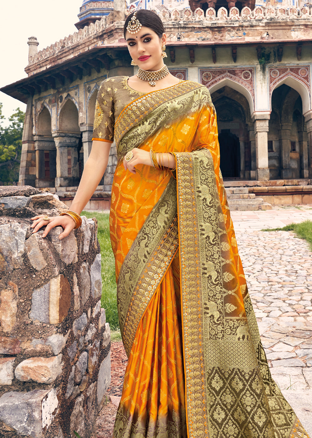 Neon Orange and Brown Zari Woven Designer Banarasi Saree