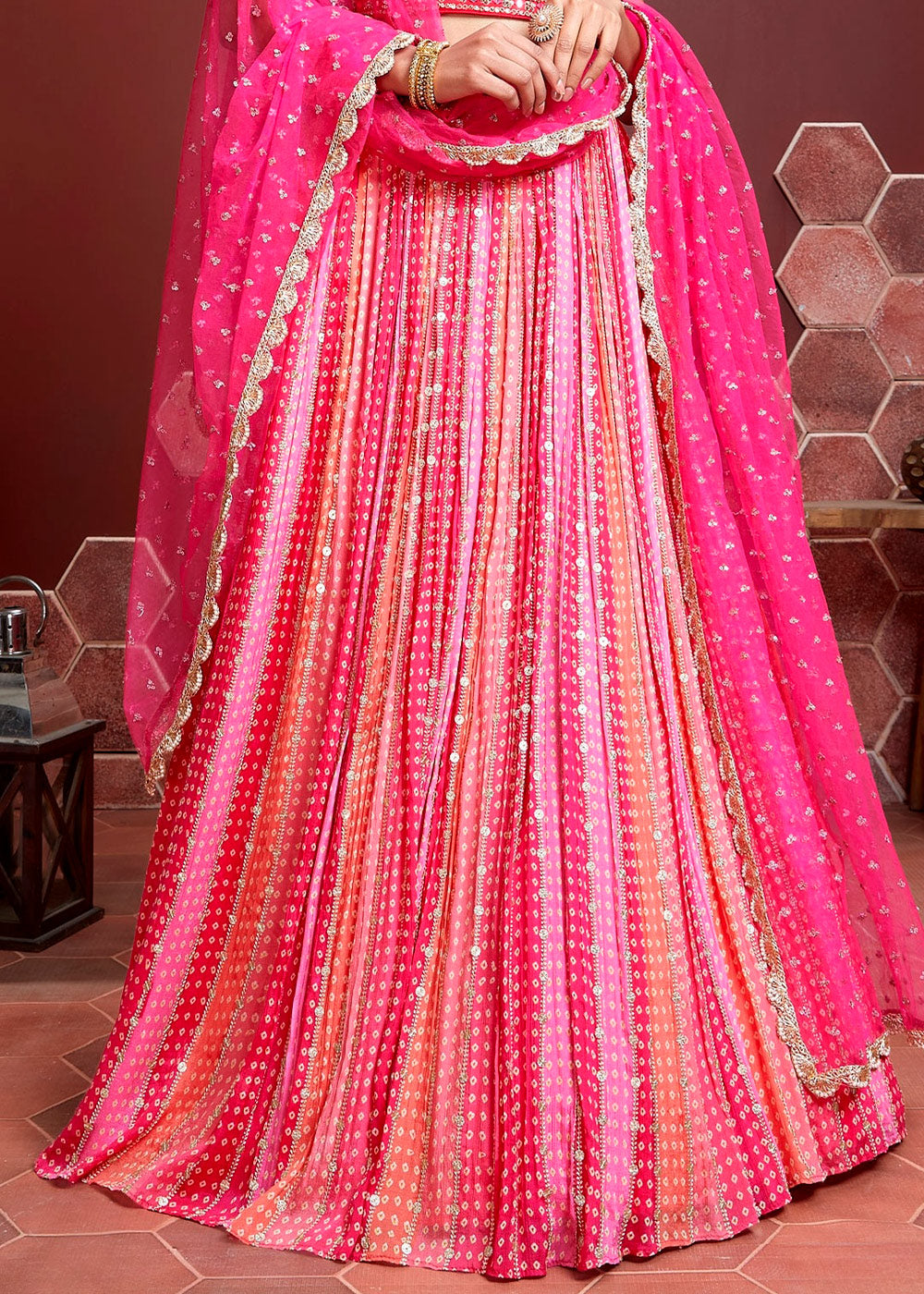 Wild Watermelon Pink Bandhani Printed Chinon Silk Lehenga Choli