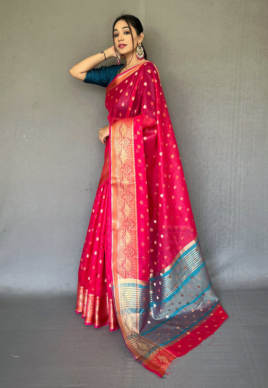 Sasquatch Pink Zari Woven Organza Silk Saree