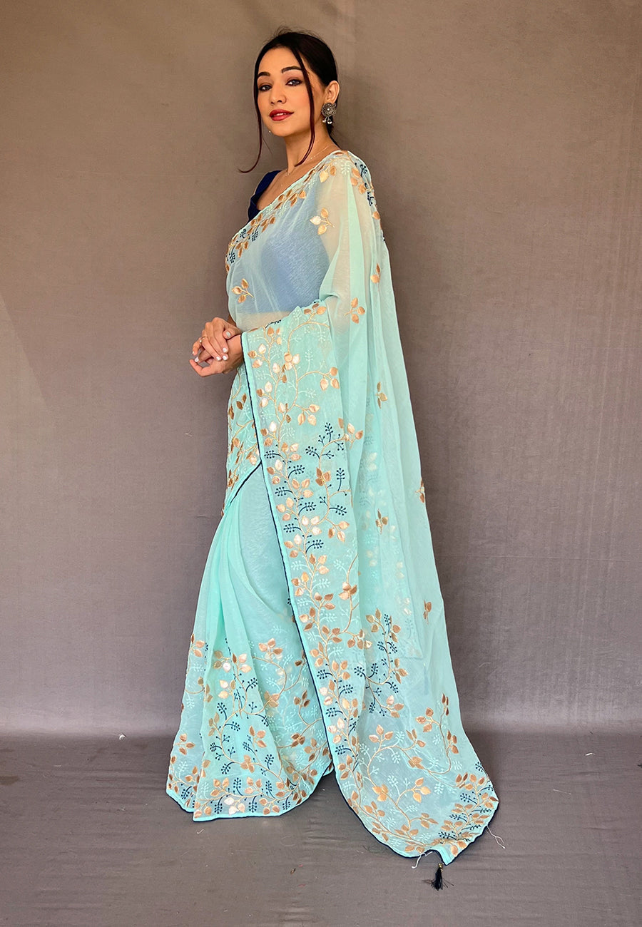 Pale Leaf Blue Embroidered Organza Silk Saree