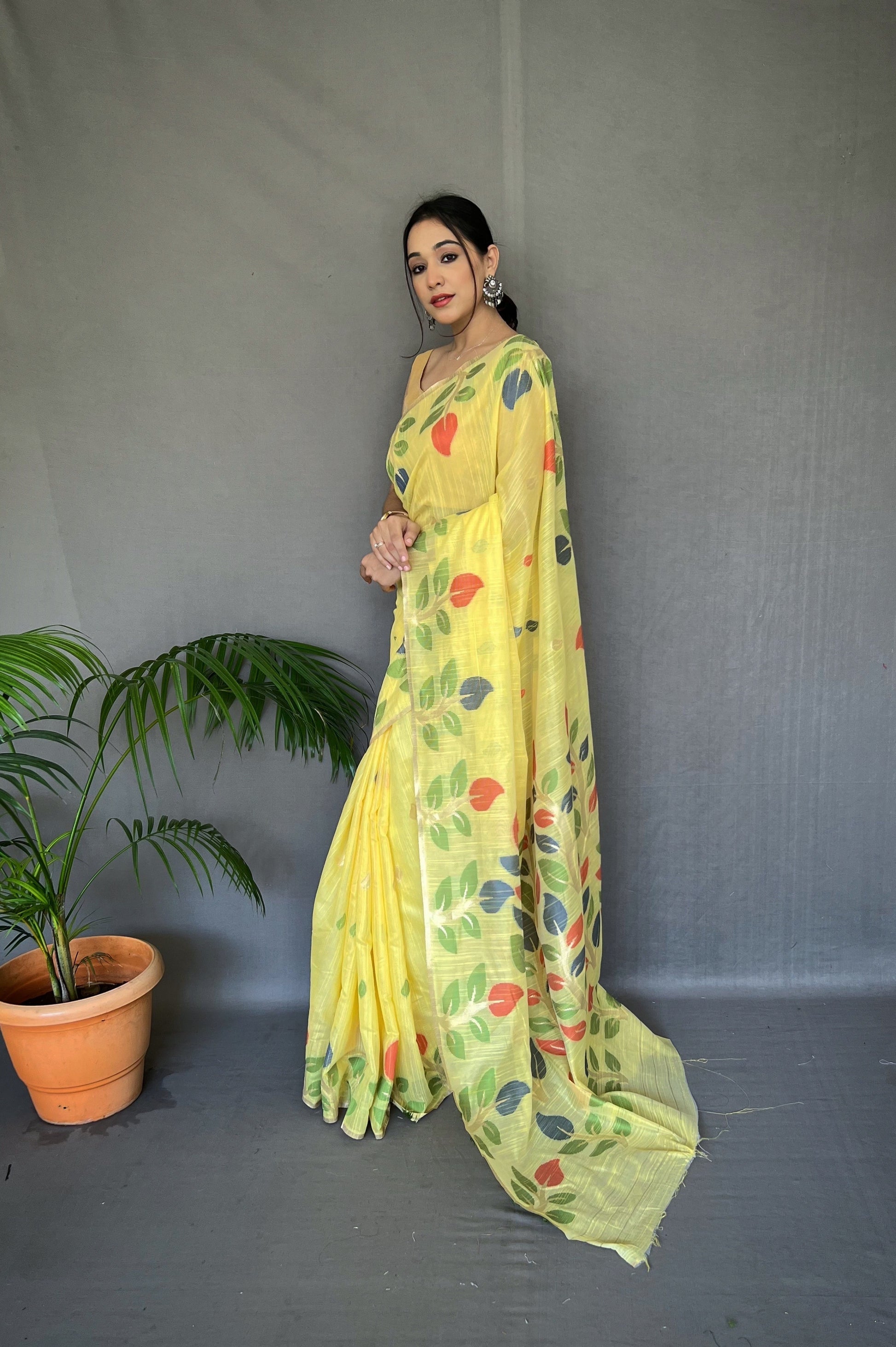 Sweet Corn Yellow Woven Cotton Jamdani Silk Saree