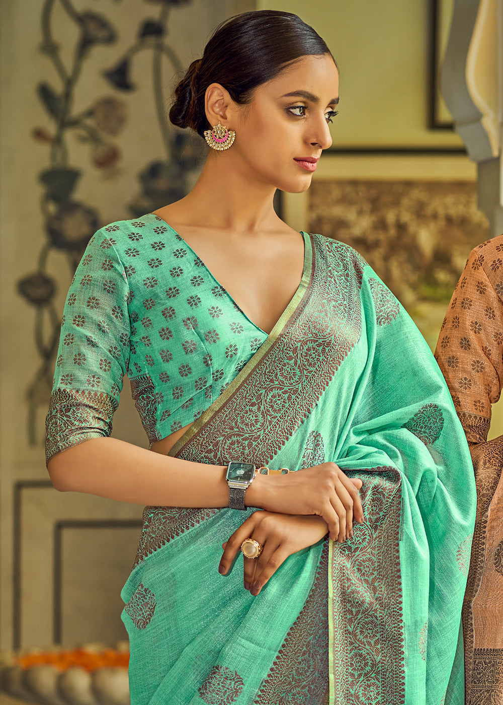 Caribbean Green Linen Silk Saree