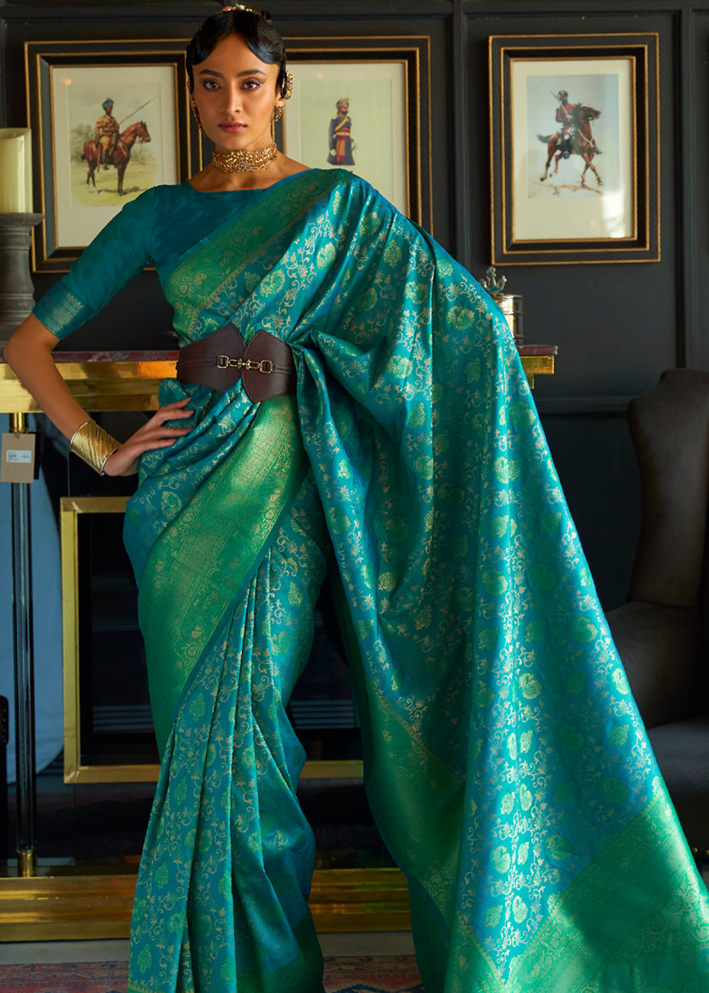 Meadow Blue Woven Banarasi Soft Silk Saree