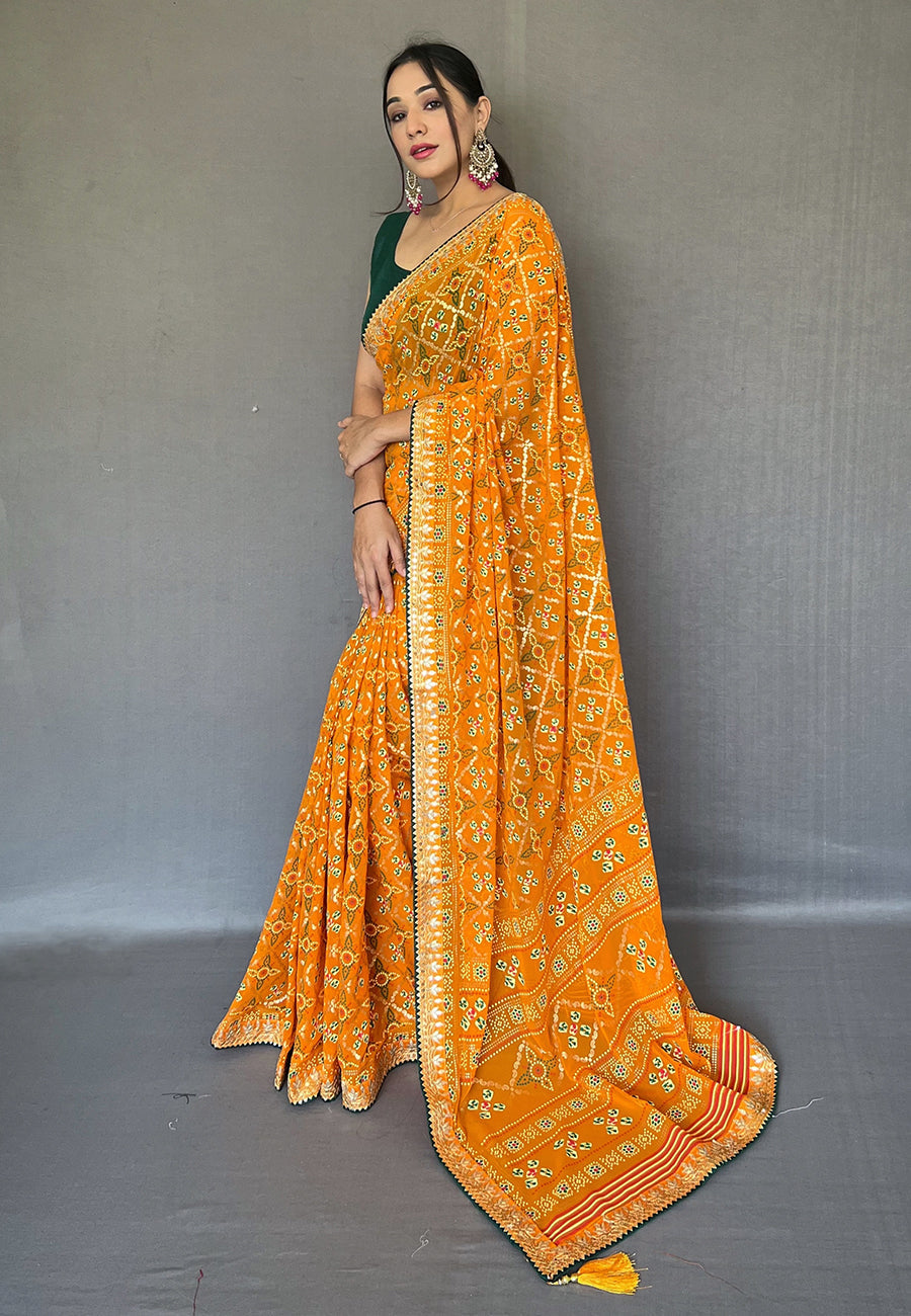 Fire Bush Orange Embroidered Georgette Bandhani Saree