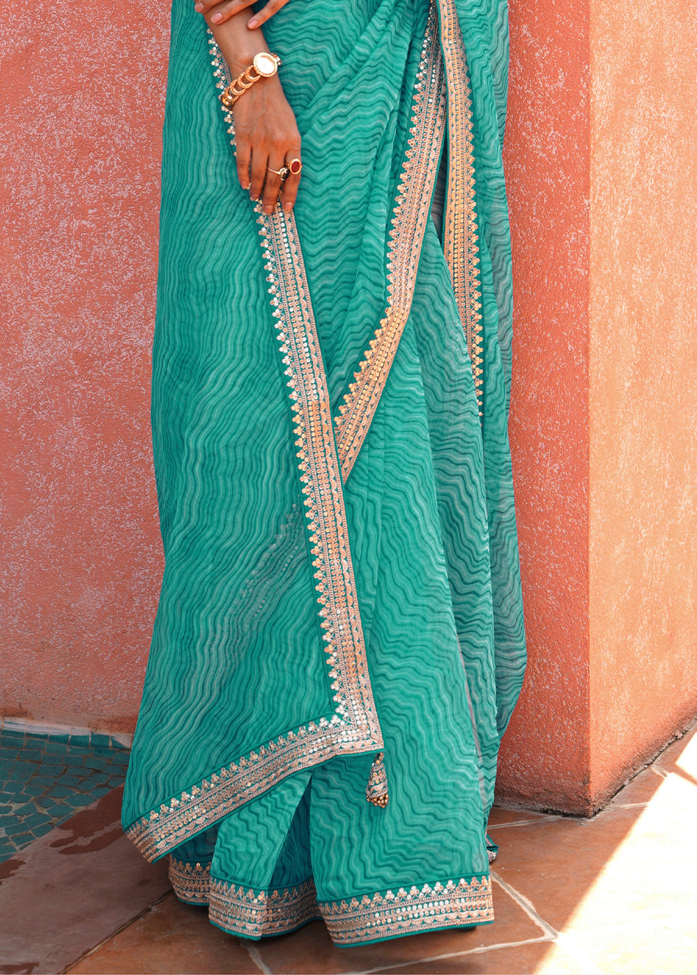 Ocean Green Pearl Lehriya Organza Saree With Embroidered Blouse