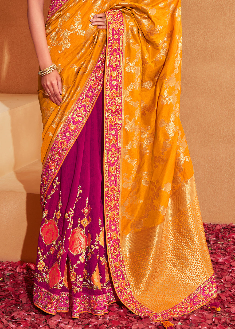 Jazzberry Pink and Yellow Embroidered Banarasi Silk Saree