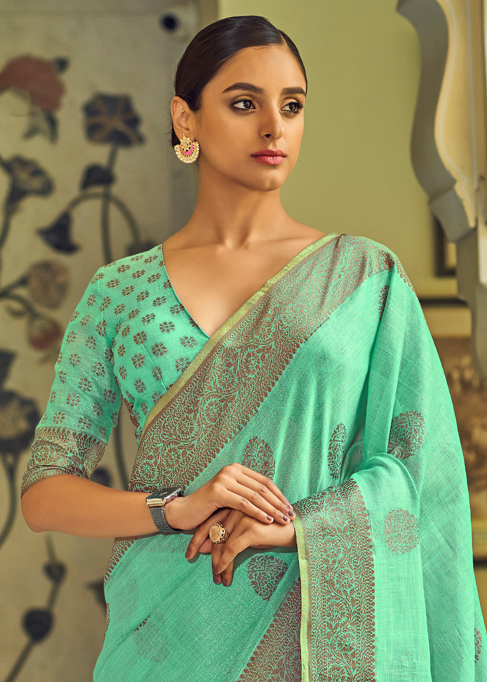 Caribbean Green Linen Silk Saree