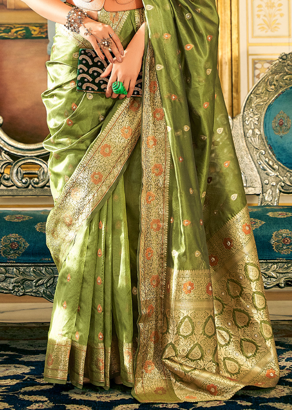 Sycamore Green Woven Banarasi Organza Silk Saree