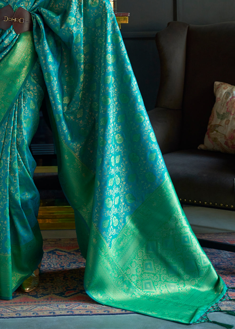 Meadow Blue Woven Banarasi Soft Silk Saree