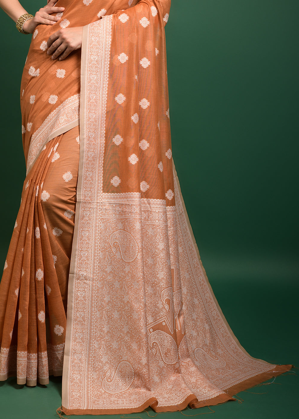 Macaroni Orange Chikankari Chanderi Cotton Woven Saree