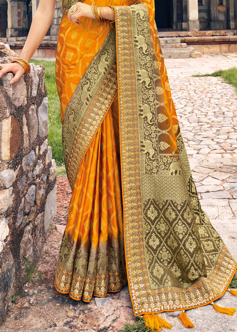 Neon Orange and Brown Zari Woven Designer Banarasi Saree