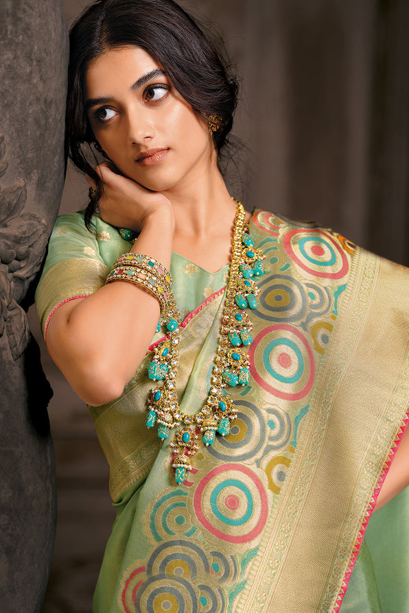 Coriander Green Handloom Woven Banarasi Saree