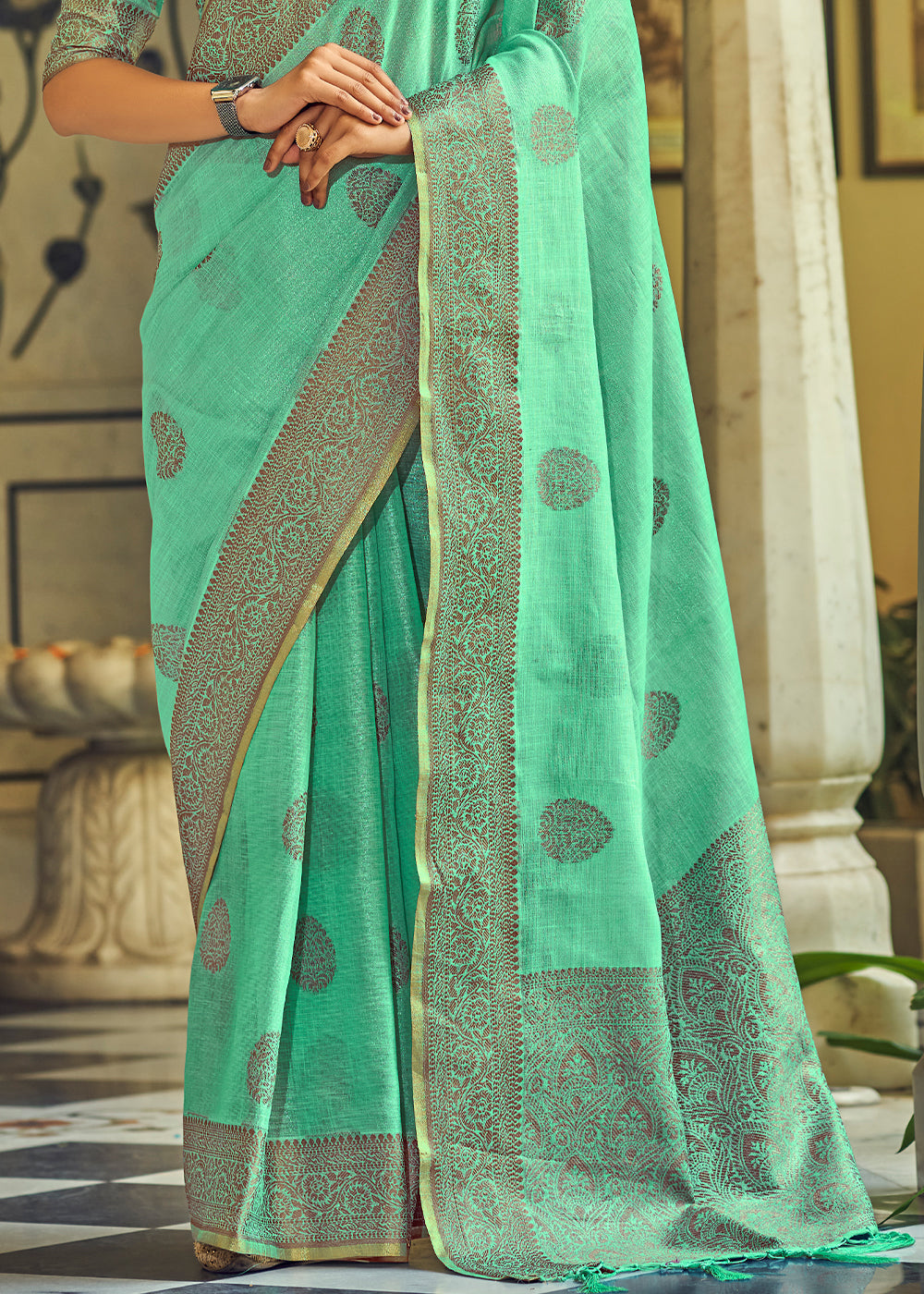 Caribbean Green Linen Silk Saree