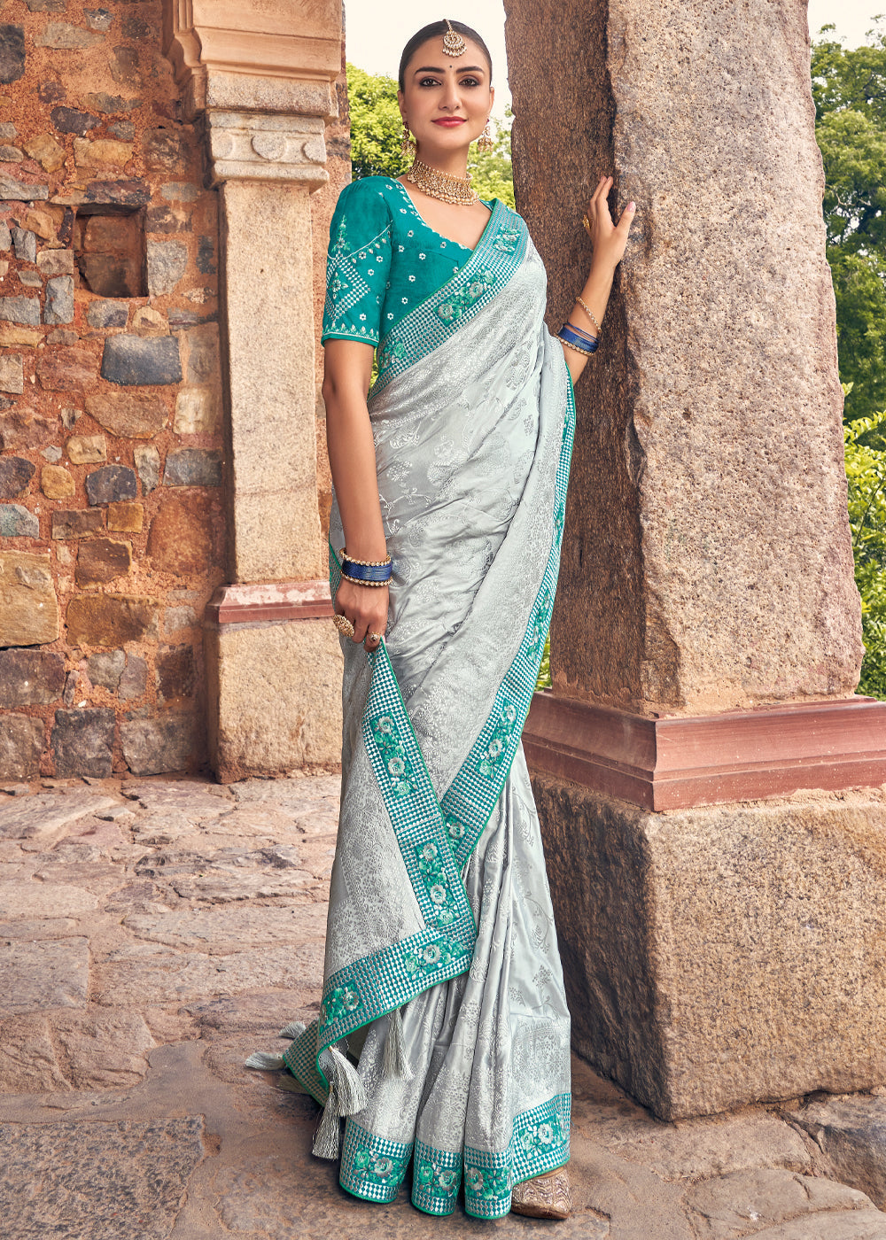 Celeste Silver and Blue Zari Woven Designer Banarasi Saree