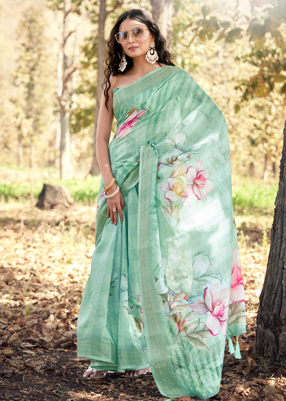 Shadow Green Floral Printed Cotton Silk Saree