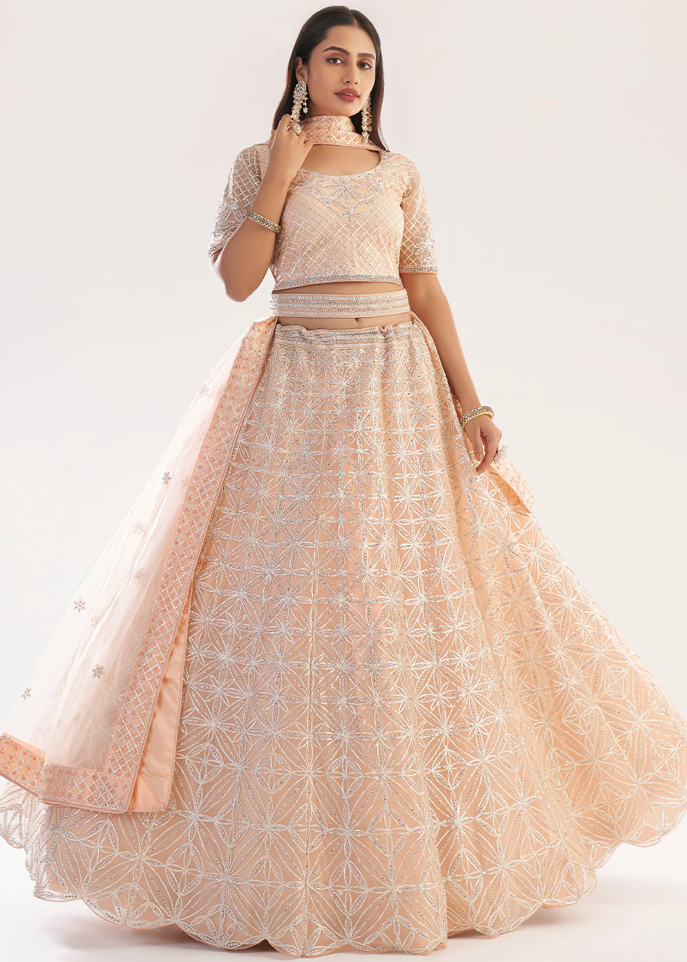 Manhattan Peach Net Designer Lehenga Choli