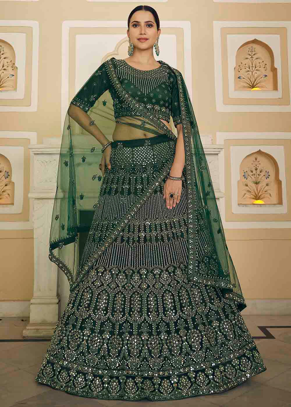 Leather Jacket Green Soft Net Lehenga Choli